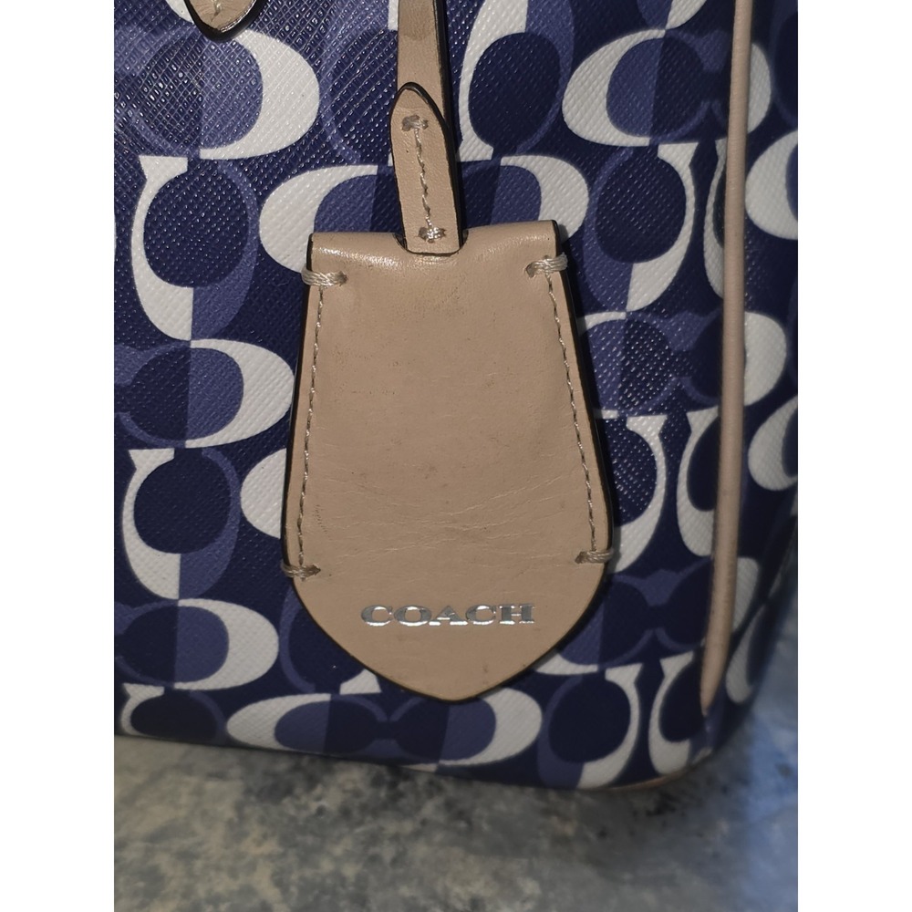 Coach Taylor Signature Tote Navy White Geometric C Logo Bag F25157 Tan Leather - Picture 6 of 10